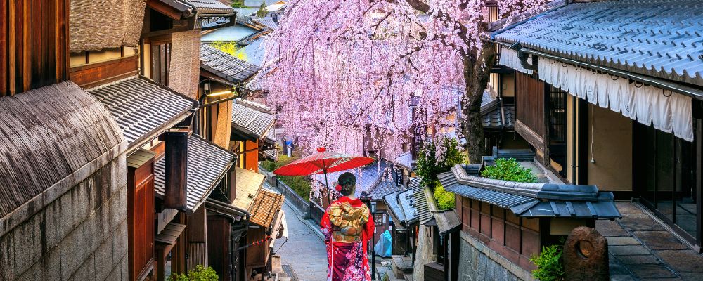 Woman walking through traditional street in Japan